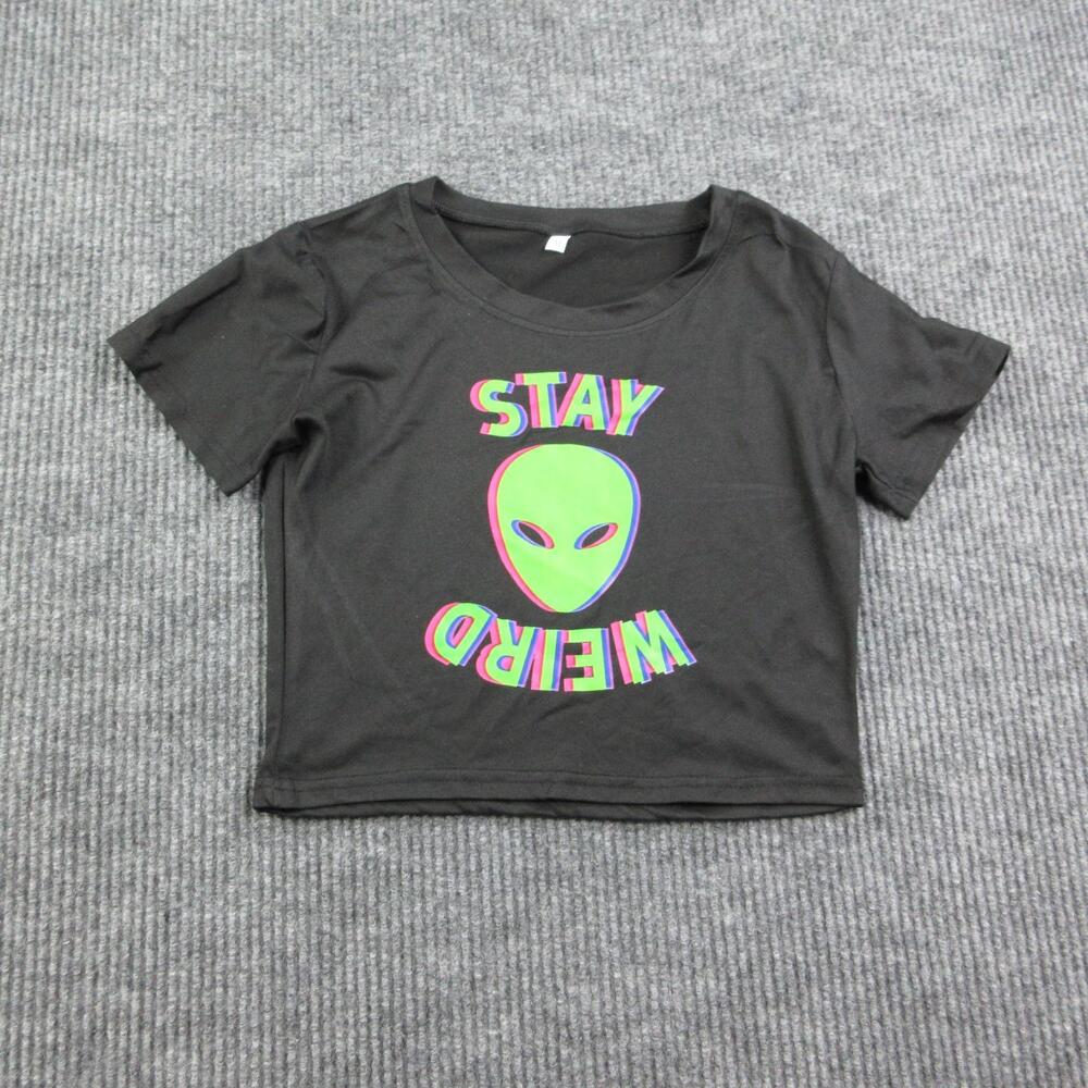 Alien Shirt Womens M Black Cropped Slim Cotton Blend Crew Neck Graphic Tee